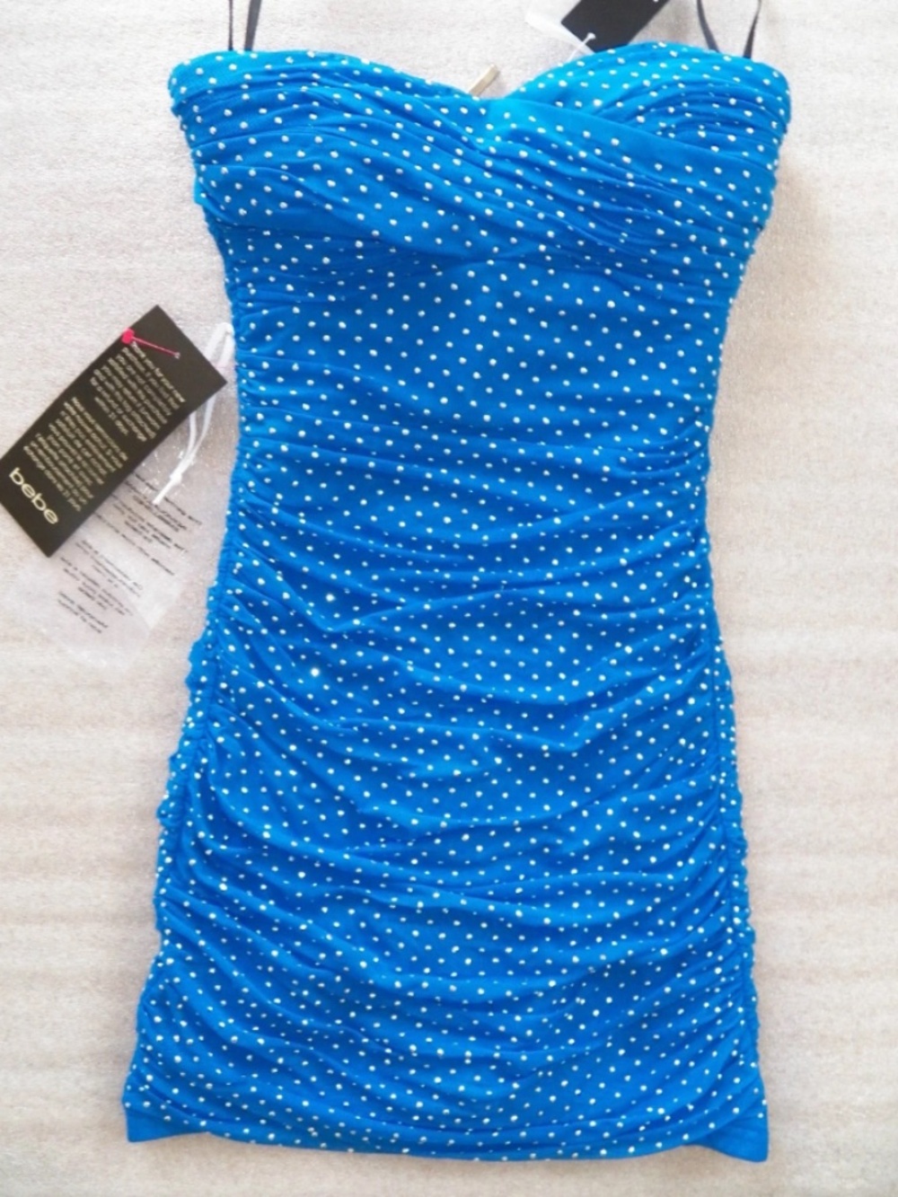 $160 NWT bebe Dress blue club ruched studs strapless bustier mesh dress - Picture 3 of 4